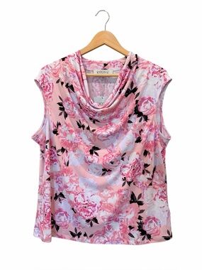 Kasper Floral Cowl Neck Top Cap Sleeve Shell Stretch Knit Pink Petite PXL NWT